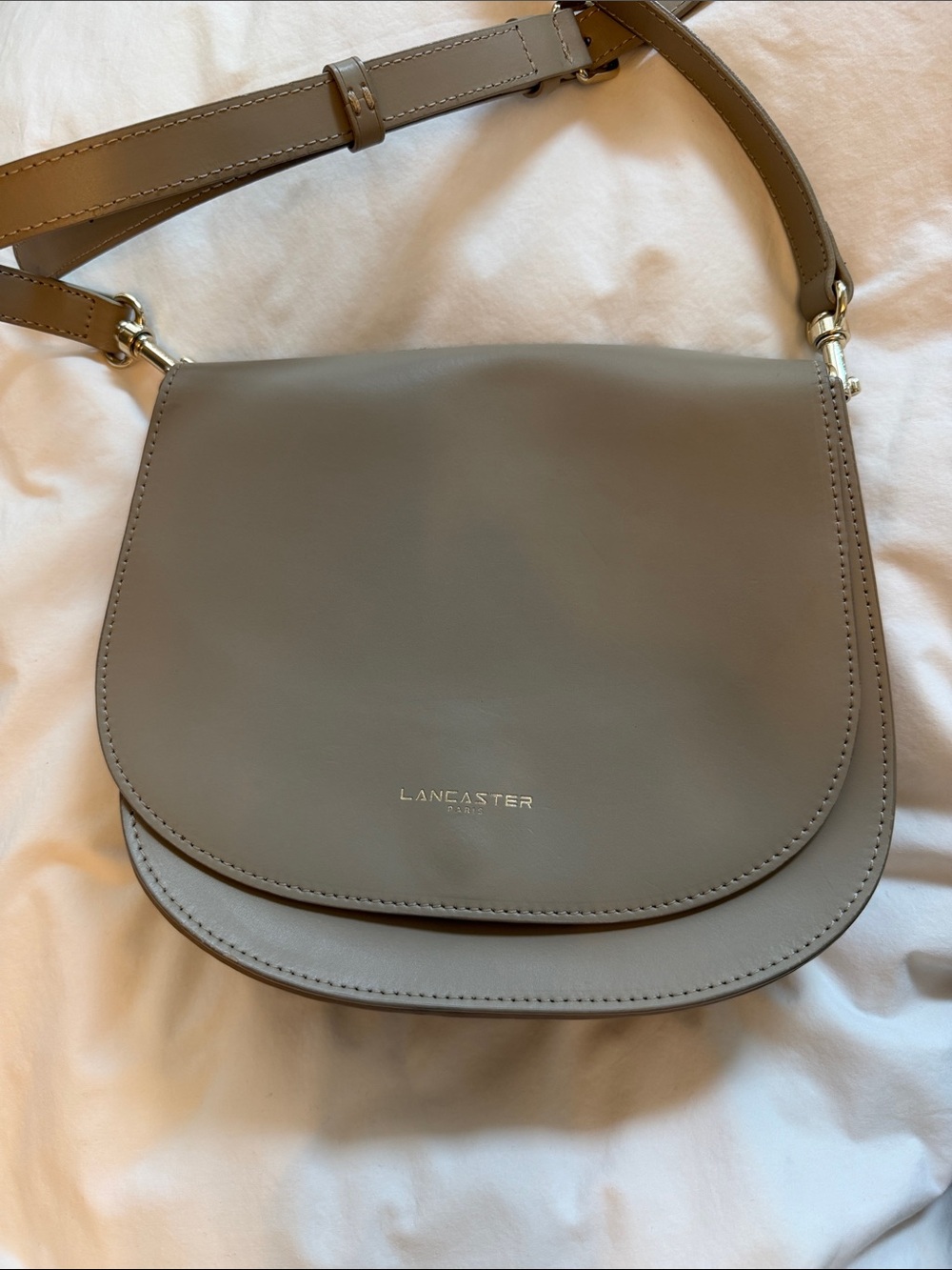 Lancaster Paris Smooth Leather Crossbody Flap Bag Taupe Beige with Gold Hardware